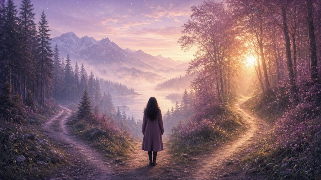 Frau steht an einer Weggabelung im Wald bei Sonnenaufgang, mehrere Wege führen zu Bergen, See und Wald